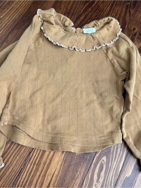 Lali Girls' Mustard Ruffle Collar Long-Sleeve Pointelle Top